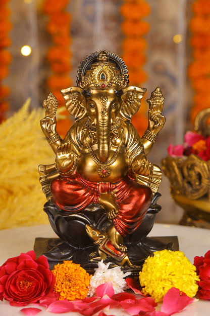 8" Ganesha sitting  Antique Finish golden red statue on golden pdestal | Ideal for temple or showpiece