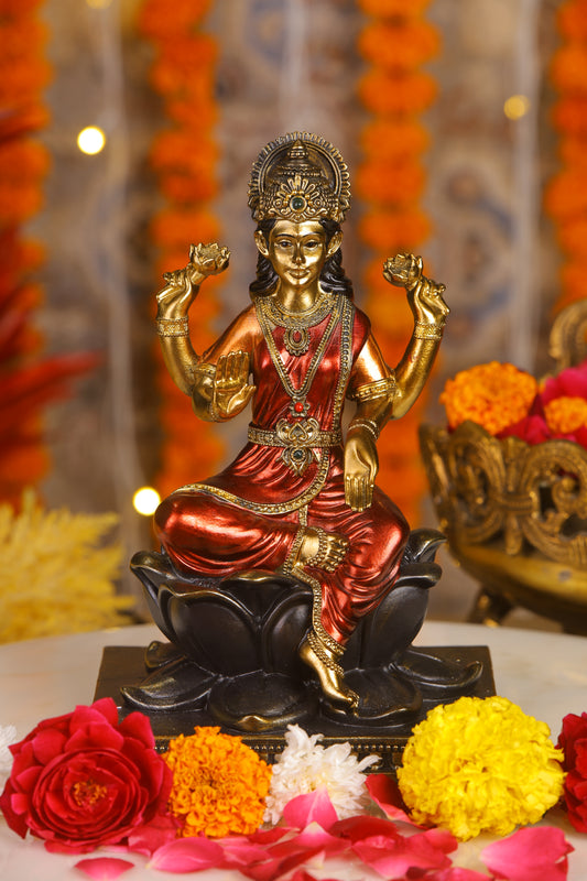 8" Laxmi Sitting Antique Finish golden red statue on lotus | Ideal for temple or showpiece