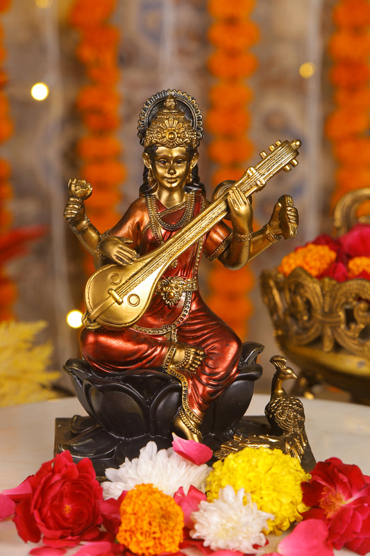 8" Saraswati Sitting Antique Finish golden red statue on lotus with Veena | Ideal for temple or showpiece