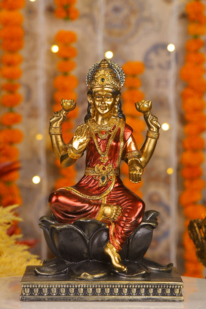 10" Laxmi Sitting Antique Finish golden red statue statue on lotus | Ideal for temple or showpiece