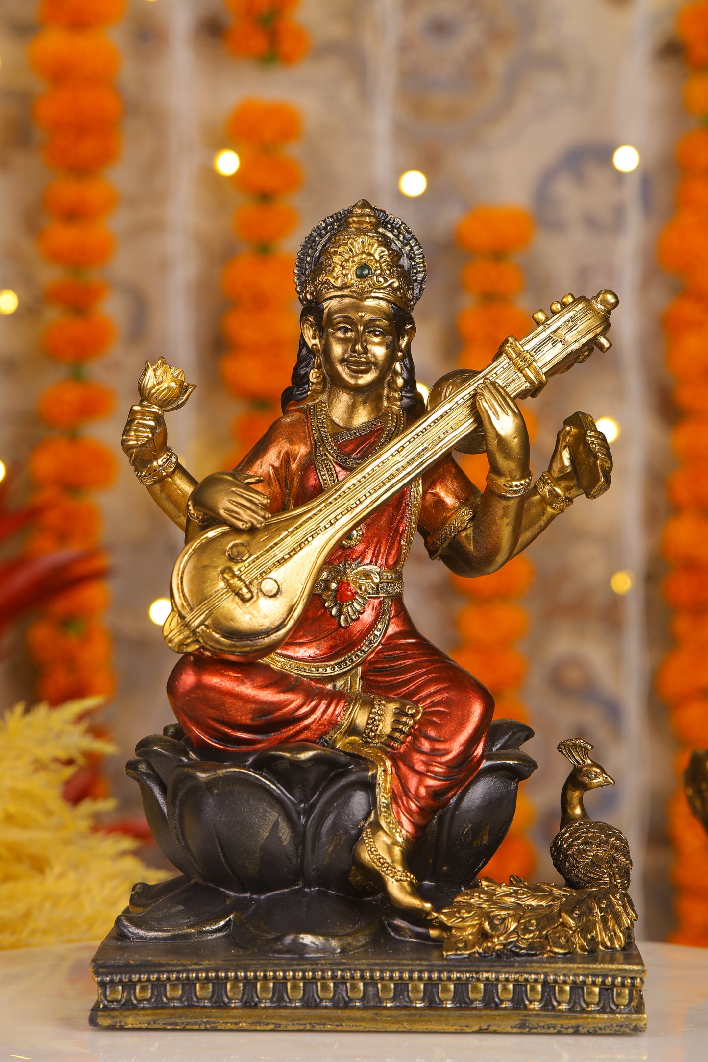 10" Saraswati Sitting Antique Finish golden red statue on lotus with Veena | Ideal for temple or showpiece