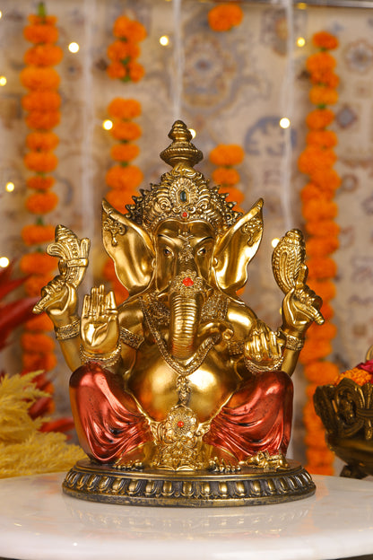 11" Ganesha sitting  Antique Finish golden red statue on golden pdestal | Ideal for temple or showpiece