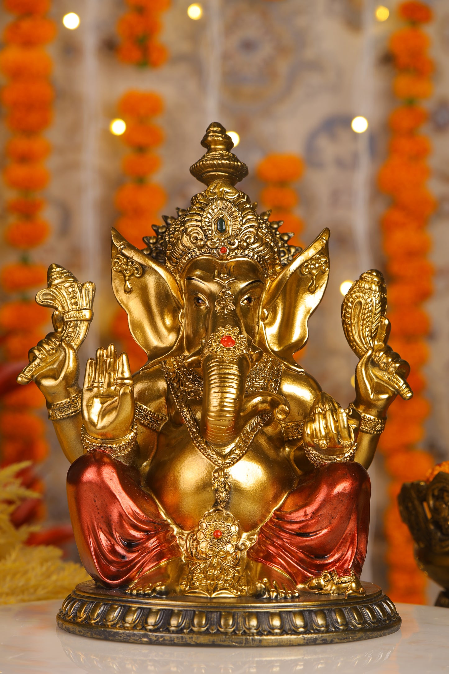 11" Ganesha sitting  Antique Finish golden red statue on golden pdestal | Ideal for temple or showpiece