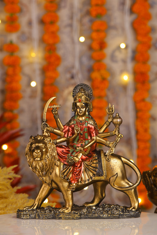 9" Maa Sherawali Jagdambe Durga Ji Antique Finish golden red statue| Ideal for temple or showpiece