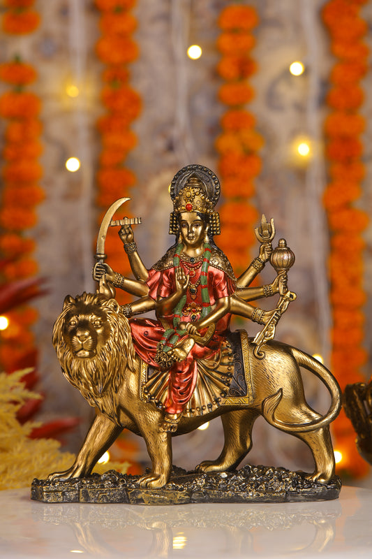 9" Maa Sherawali Jagdambe Durga Ji Antique Finish golden red statue| Ideal for temple or showpiece