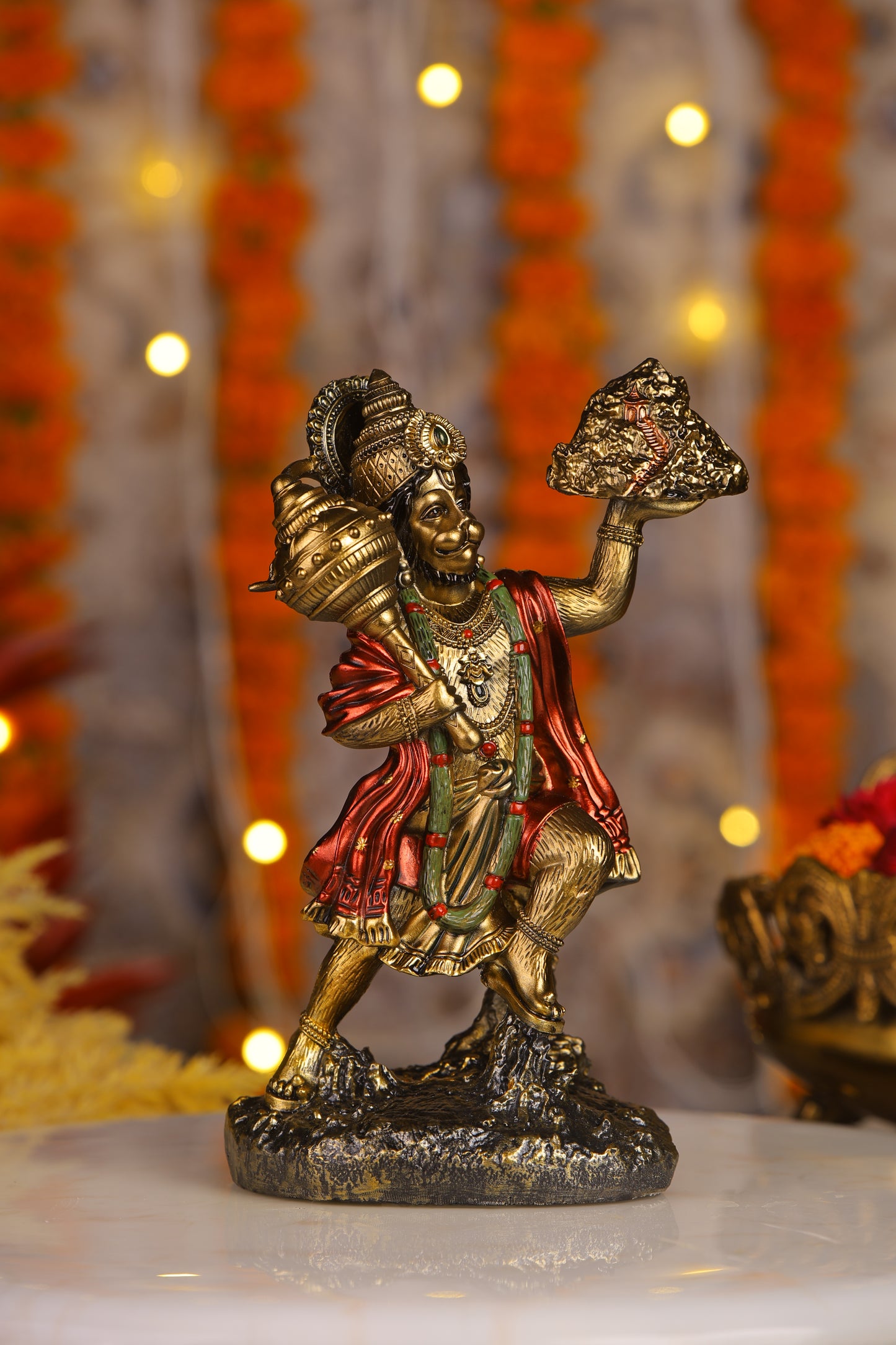 9" Hanuman Pawansut Mahabali standing Antique Finish golden red statue statue with Parvat | Ideal for temple or showpiece