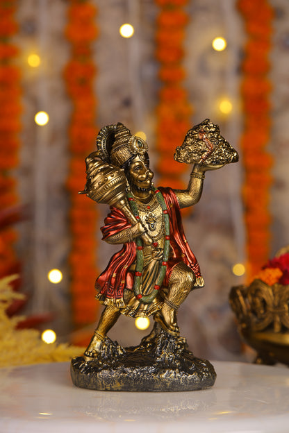 9" Hanuman Pawansut Mahabali standing Antique Finish golden red statue statue with Parvat | Ideal for temple or showpiece