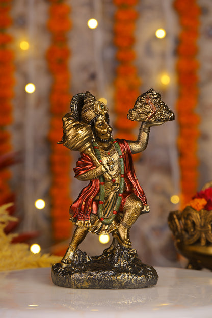 9" Hanuman Pawansut Mahabali standing Antique Finish golden red statue statue with Parvat | Ideal for temple or showpiece