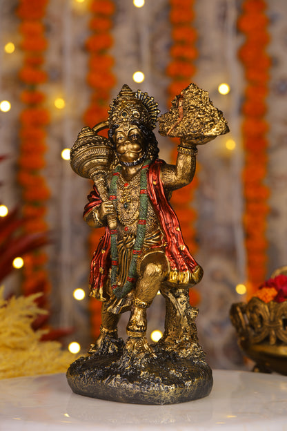 9" Hanuman Pawansut Mahabali standing Antique Finish golden red statue statue with Parvat | Ideal for temple or showpiece