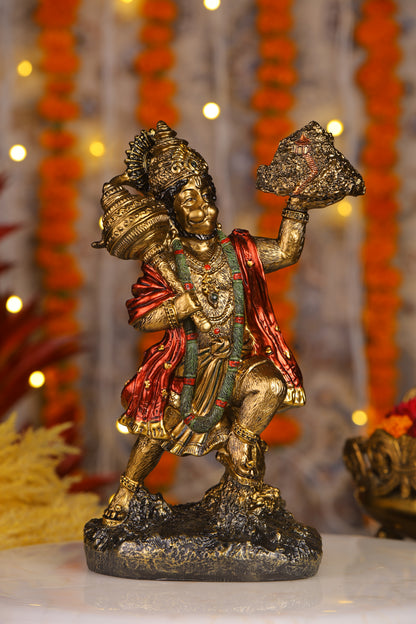 9" Hanuman Pawansut Mahabali standing Antique Finish golden red statue statue with Parvat | Ideal for temple or showpiece