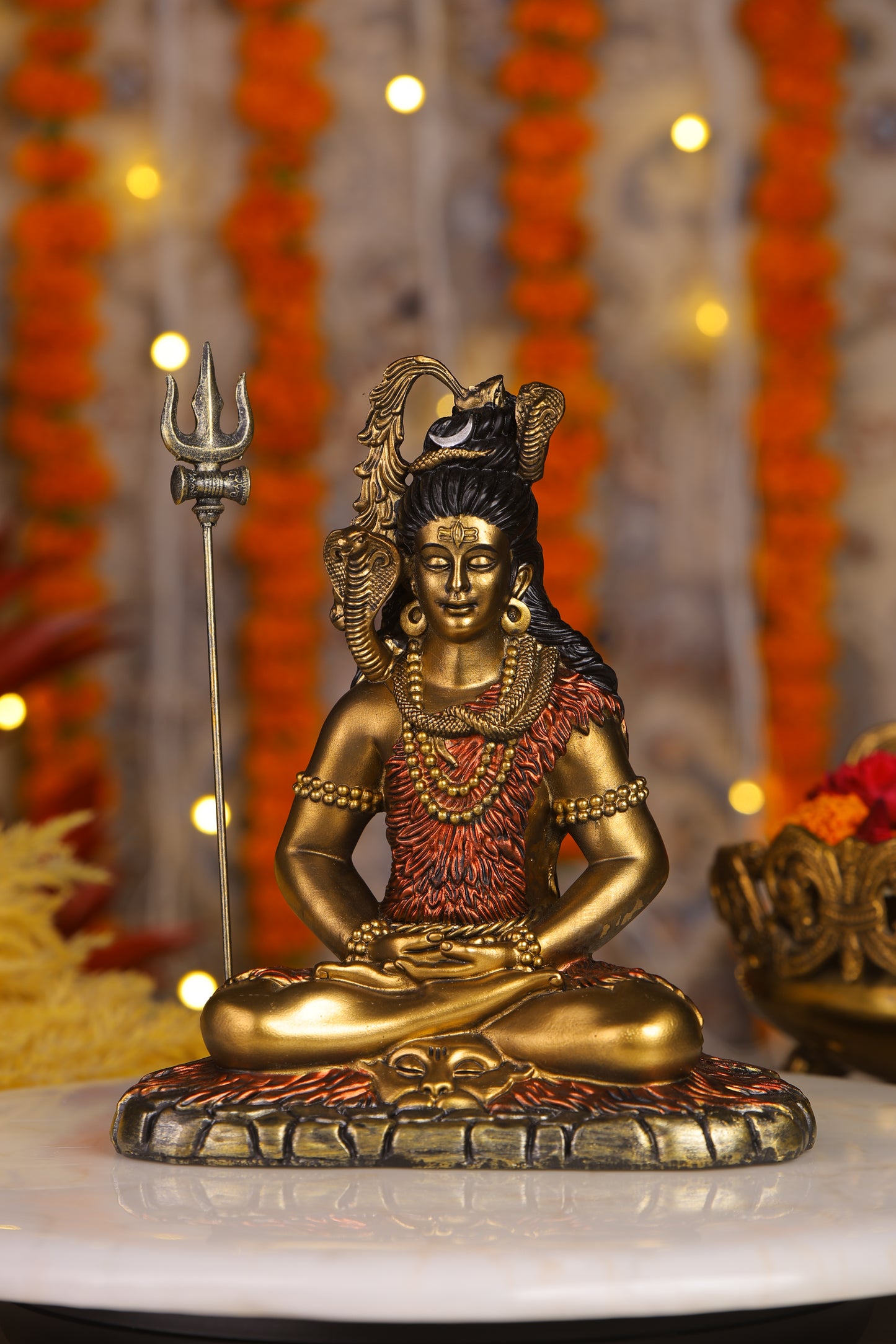 11" Shiva Samadhi Meditation statue with Trishul in Antique Finish golden red | Ideal for temple or showpiece