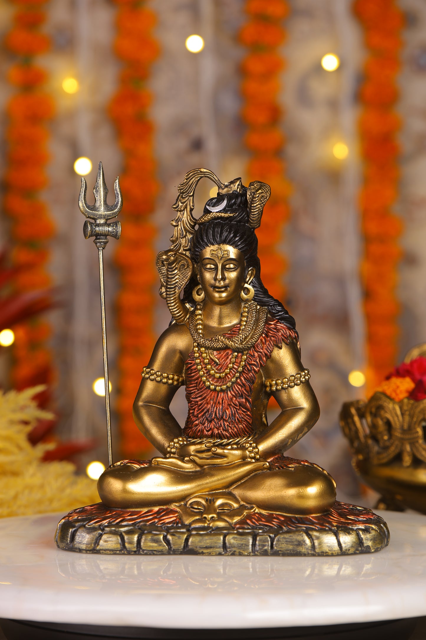 11" Shiva Samadhi Meditation statue with Trishul in Antique Finish golden red | Ideal for temple or showpiece