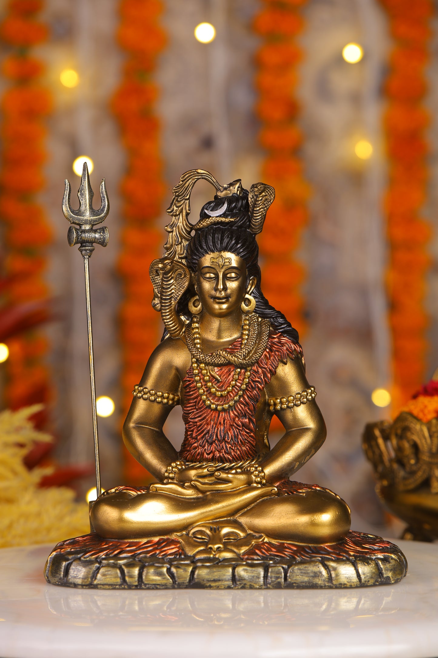 11" Shiva Samadhi Meditation statue with Trishul in Antique Finish golden red | Ideal for temple or showpiece