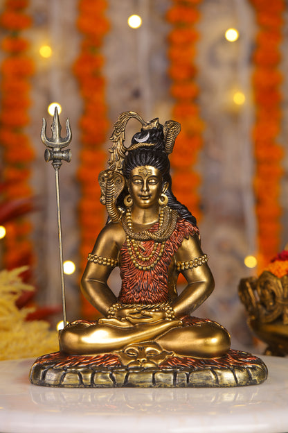 11" Shiva Samadhi Meditation statue with Trishul in Antique Finish golden red | Ideal for temple or showpiece