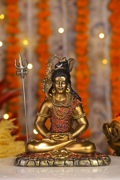 11" Shiva Samadhi Meditation statue with Trishul in Antique Finish golden red | Ideal for temple or showpiece