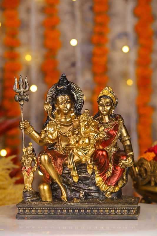 9" Shiva Parivaar sitting Antique Finish golden red statue - Shiva Prvati Gamesha and Kartikeya| Ideal for temple or showpiece