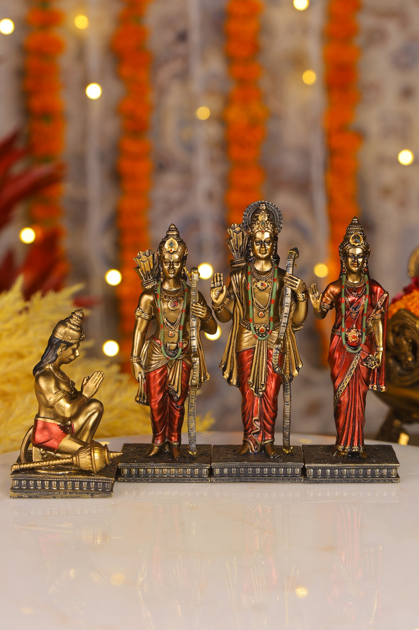 6" Ram Darbaar Antique Finish golden red statue - Shree Ram Ma Sita Laxman And Hanuman Darbar Idol for home temple