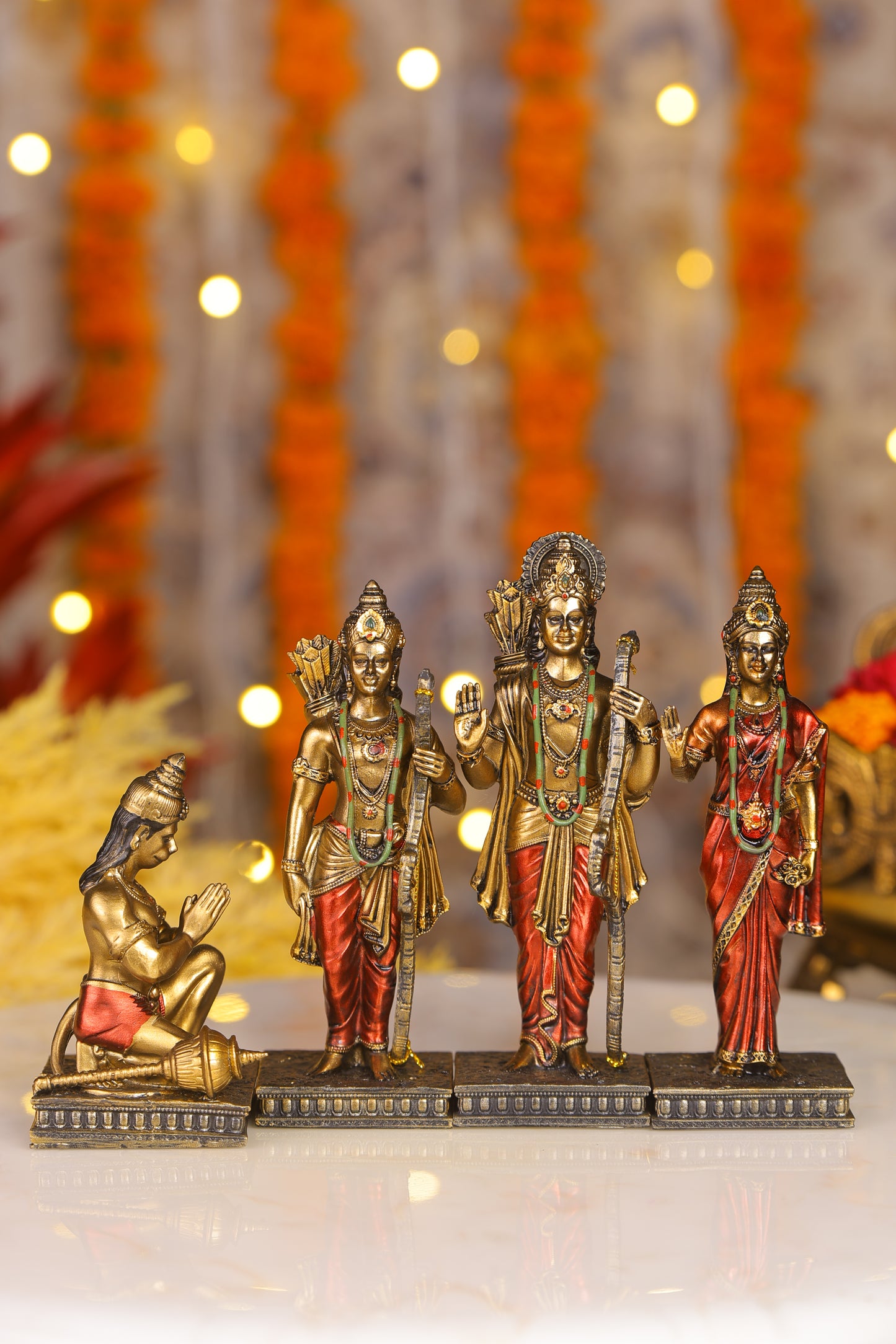 6" Ram Darbaar Antique Finish golden red statue - Shree Ram Ma Sita Laxman And Hanuman Darbar Idol for home temple