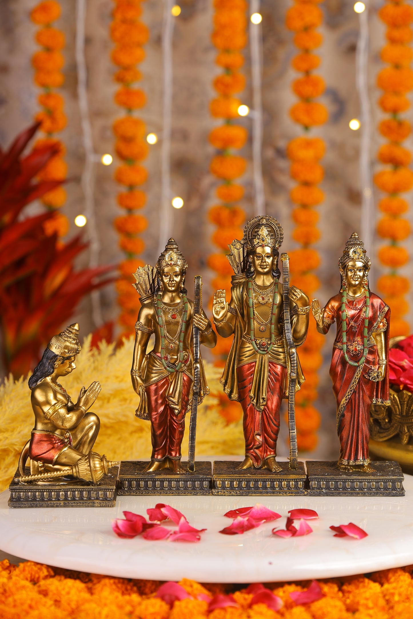 9" Ram Darbaar Antique Finish golden red statue - Shree Ram Ma Sita Laxman And Hanuman Darbar Idol for home temple