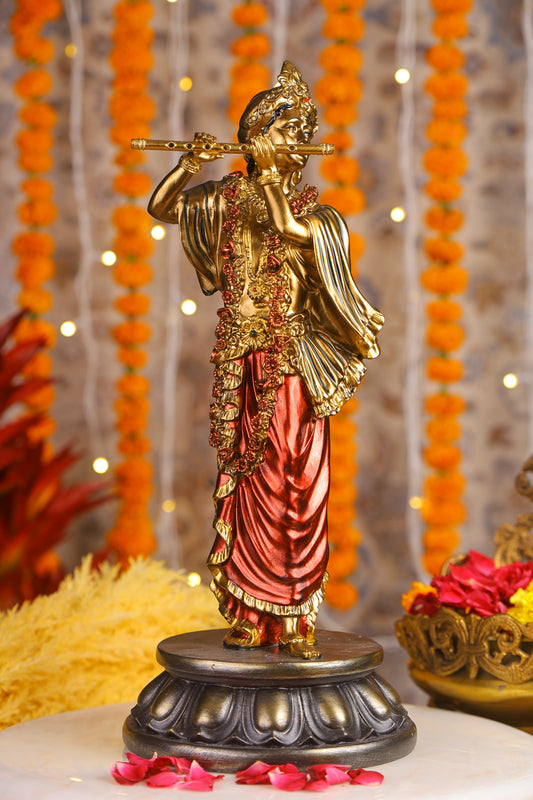 18" Standing Krishna with Bansuri - White Decorative Antique Finish golden red statue | Ideal for temple or showpiece