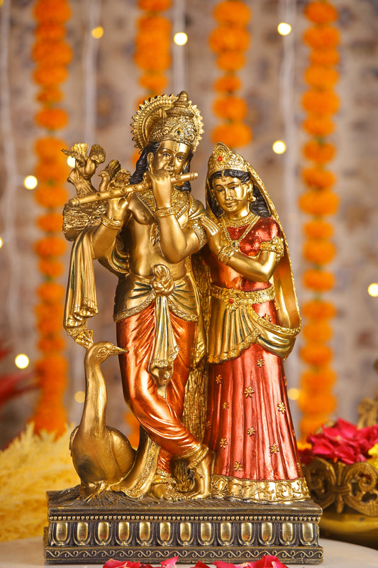 16" Radha Krishna with Bansuri standing Antique Finish statue Gold and red | Ideal for temple or showpiece