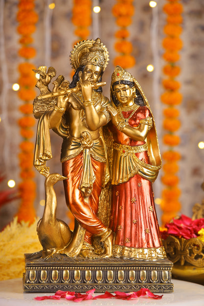 16" Radha Krishna with Bansuri standing Antique Finish statue Gold and red | Ideal for temple or showpiece