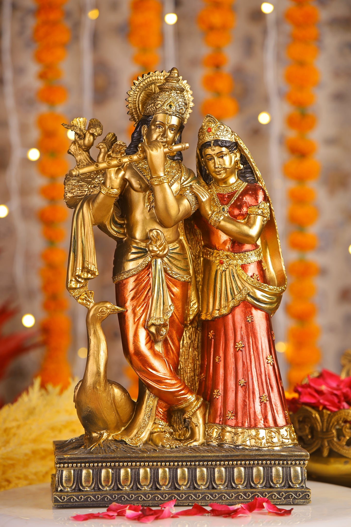 16" Radha Krishna with Bansuri standing Antique Finish statue Gold and red | Ideal for temple or showpiece