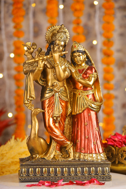 16" Radha Krishna with Bansuri standing Antique Finish statue Gold and red | Ideal for temple or showpiece