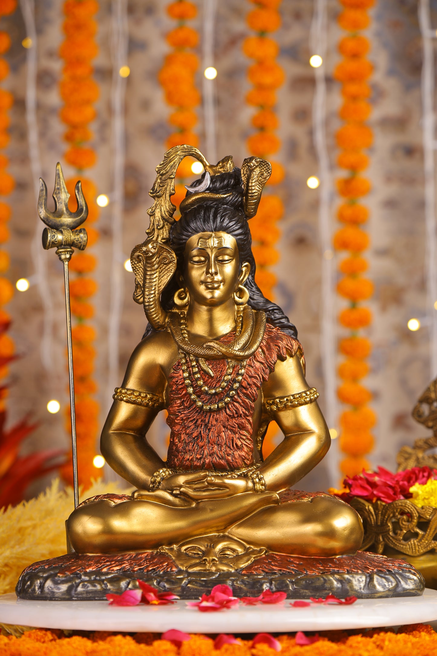 16" Shiva Samadhi Meditation statue with Trishul in  golden red Antique Finish| Ideal for temple or showpiece