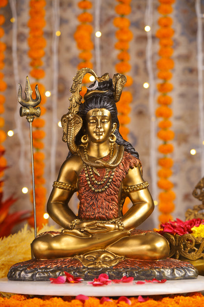 16" Shiva Samadhi Meditation statue with Trishul in  golden red Antique Finish| Ideal for temple or showpiece