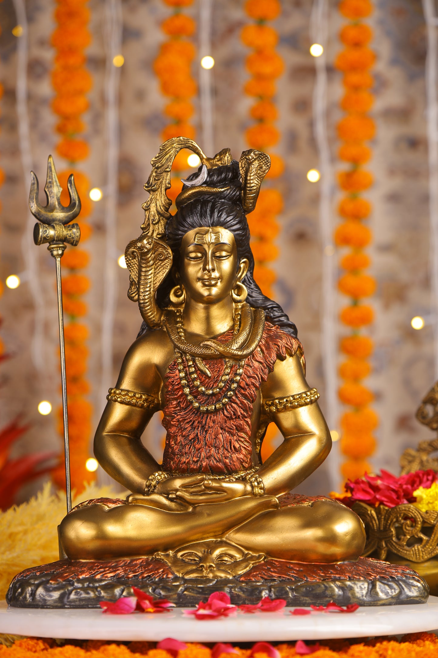 16" Shiva Samadhi Meditation statue with Trishul in  golden red Antique Finish| Ideal for temple or showpiece