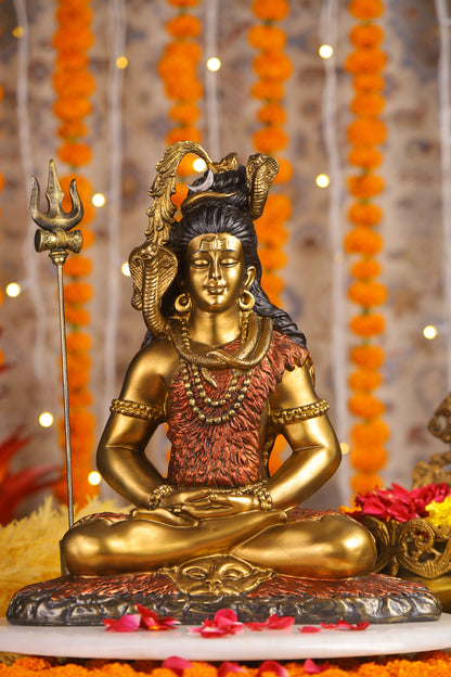 16" Shiva Samadhi Meditation statue with Trishul in  golden red Antique Finish| Ideal for temple or showpiece