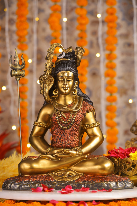 16" Shiva Samadhi Meditation statue with Trishul in  golden red Antique Finish| Ideal for temple or showpiece