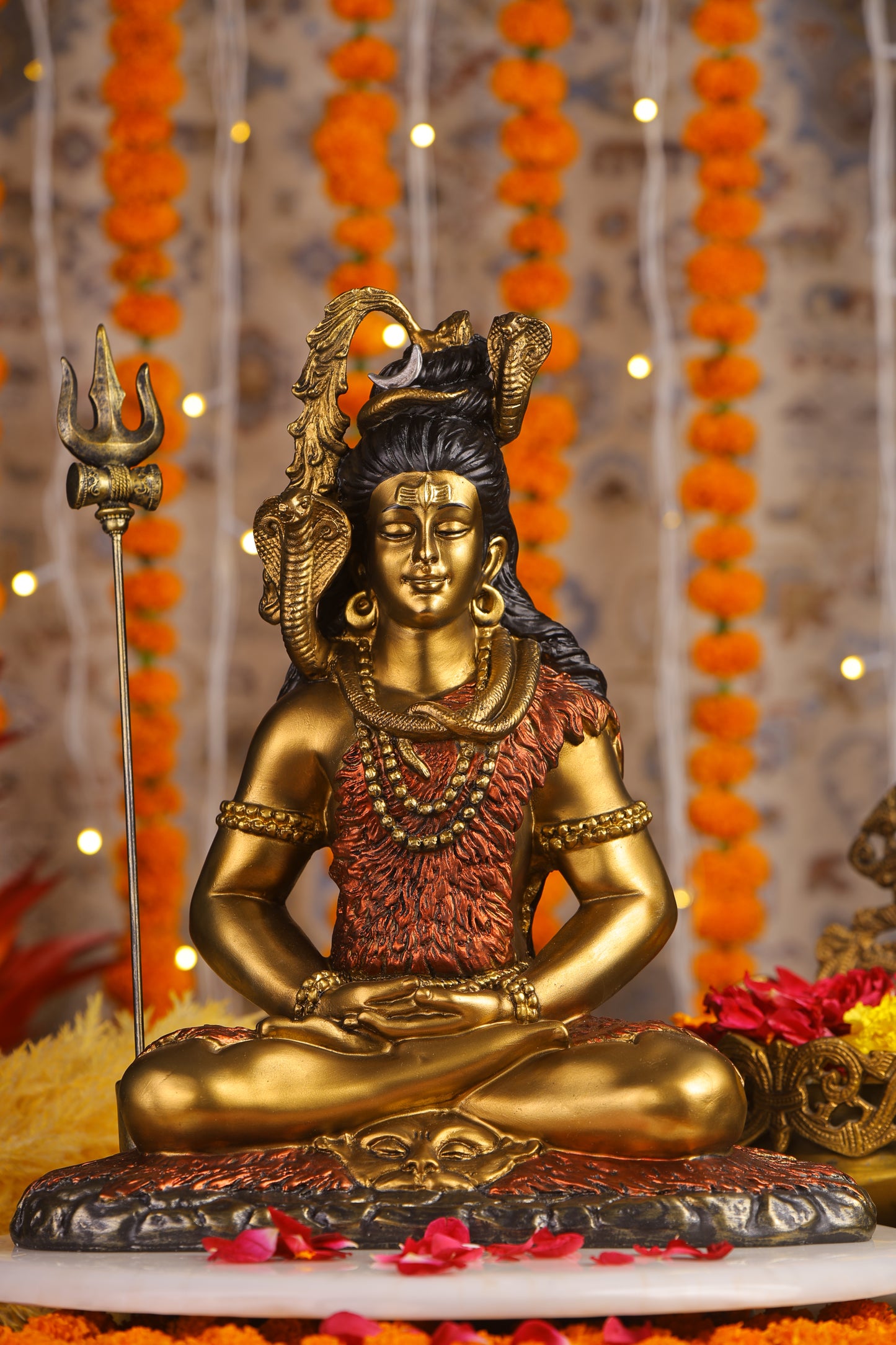 16" Shiva Samadhi Meditation statue with Trishul in  golden red Antique Finish| Ideal for temple or showpiece