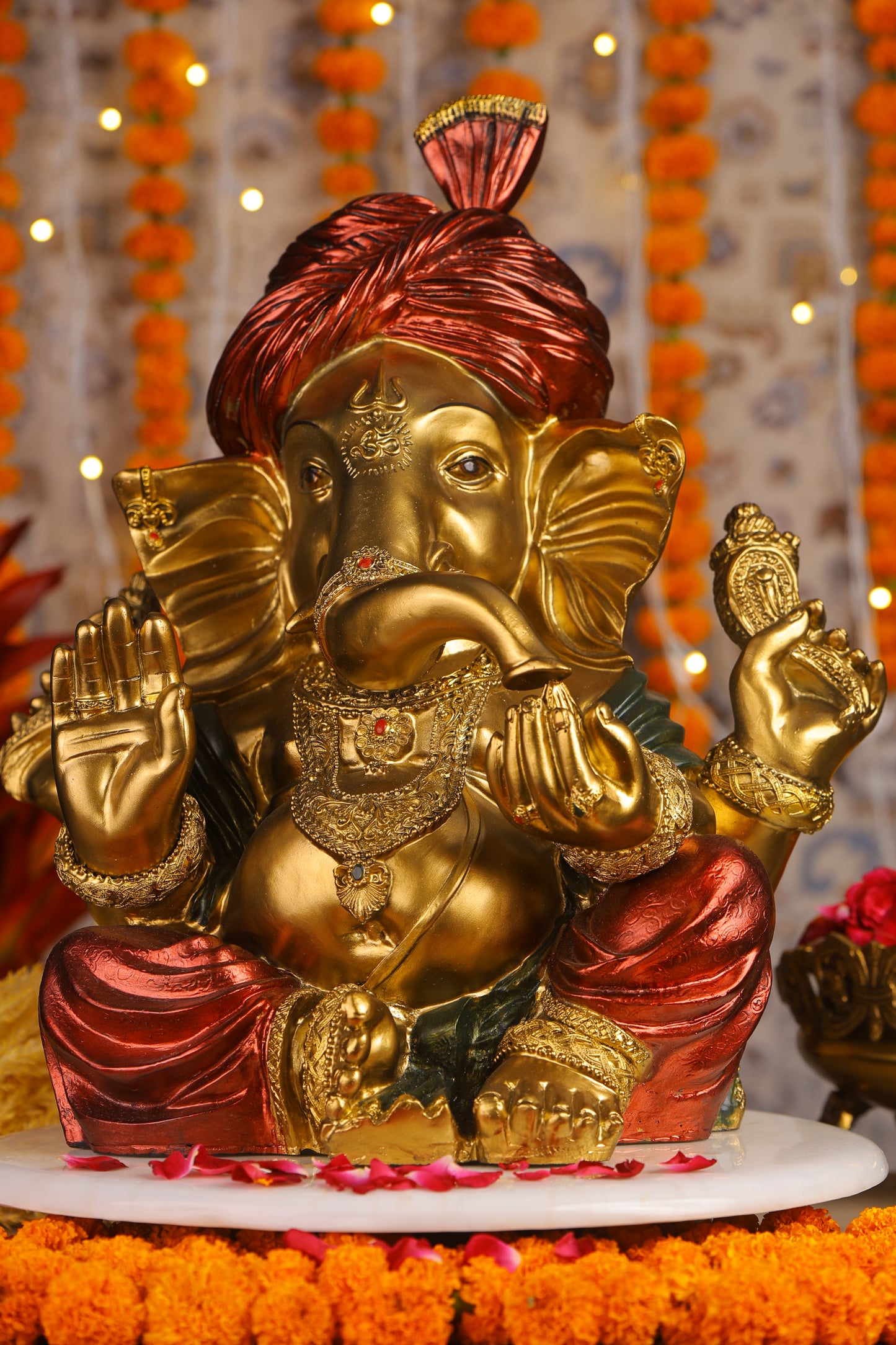 18" Ganesha sitting Antique Finish statue with red-golden turban and modak | Ideal for temple or showpiece