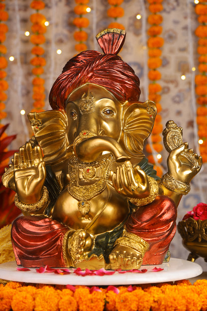 18" Ganesha sitting Antique Finish statue with red-golden turban and modak | Ideal for temple or showpiece