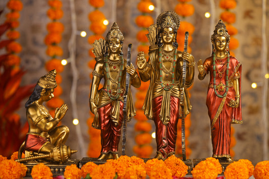 12" Ram Darbaar Antique Finish golden red statue - Shree Ram Ma Sita Laxman And Hanuman Darbar Idol for home temple