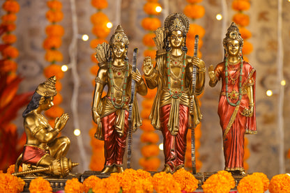 12" Ram Darbaar Antique Finish golden red statue - Shree Ram Ma Sita Laxman And Hanuman Darbar Idol for home temple