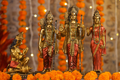 12" Ram Darbaar Antique Finish golden red statue - Shree Ram Ma Sita Laxman And Hanuman Darbar Idol for home temple