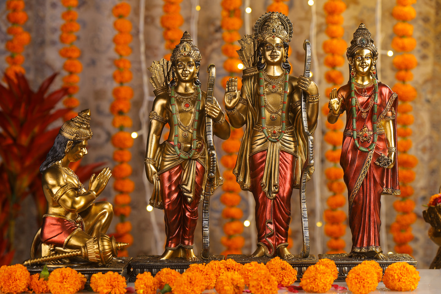 12" Ram Darbaar Antique Finish golden red statue - Shree Ram Ma Sita Laxman And Hanuman Darbar Idol for home temple