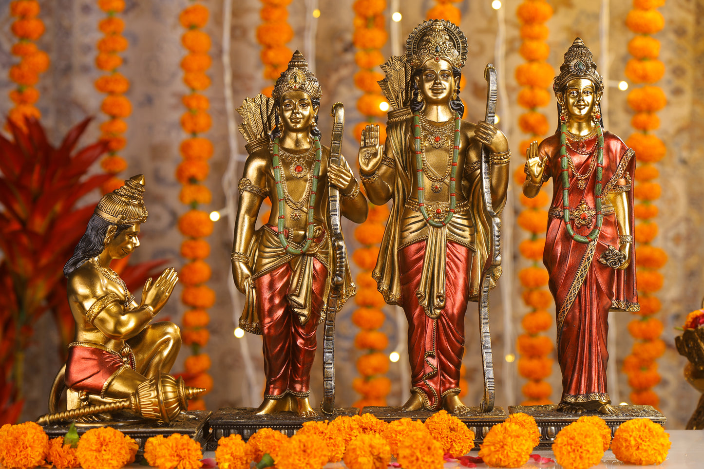 12" Ram Darbaar Antique Finish golden red statue - Shree Ram Ma Sita Laxman And Hanuman Darbar Idol for home temple