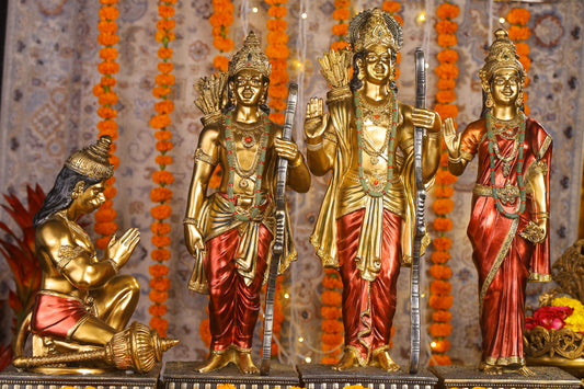 23" Ram Darbaar Antique Finish golden red statue - Shree Ram Ma Sita Laxman And Hanuman Darbar Idol for home temple