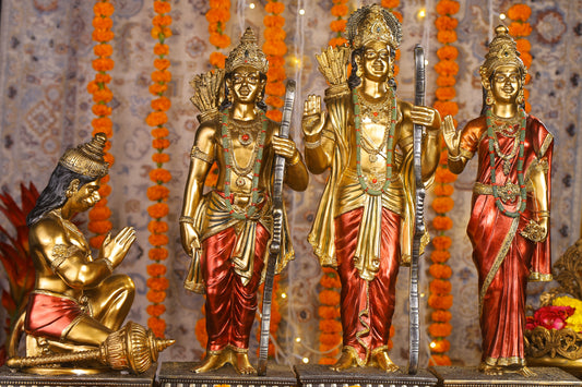 23" Ram Darbaar Antique Finish golden red statue - Shree Ram Ma Sita Laxman And Hanuman Darbar Idol for home temple