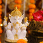 6" Ganesha sitting Marble statue on golden pdestal | Ideal for temple or showpiece