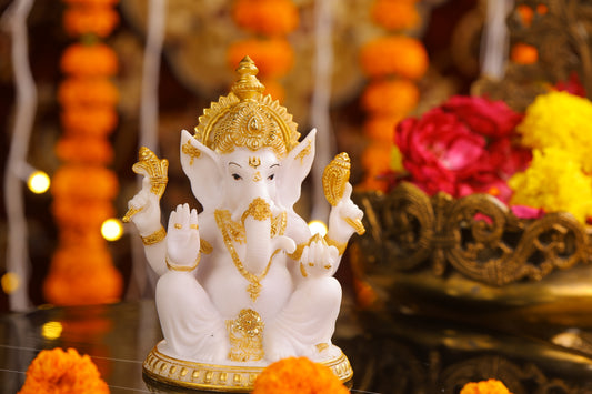 6" Ganesha sitting Marble statue on golden pdestal | Ideal for temple or showpiece