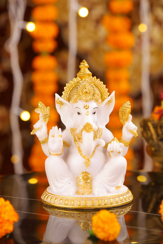 8" Ganesha sitting Marble statue on golden pdestal | Ideal for temple or showpiece