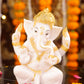 7" Cute Ganesha sitting Marble statue with Gold tone | Ideal for temple or showpiece