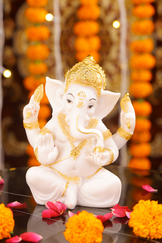 7" Cute Ganesha sitting Marble statue with Gold tone | Ideal for temple or showpiece