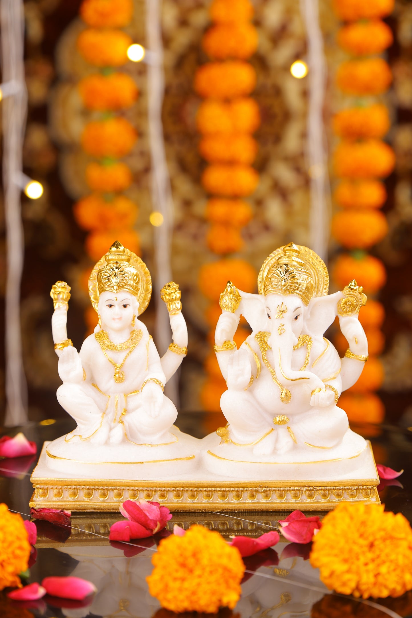 5" Laxmi Ganesha sitting Marble statue with Gold pedestal | Ideal for temple or showpiece