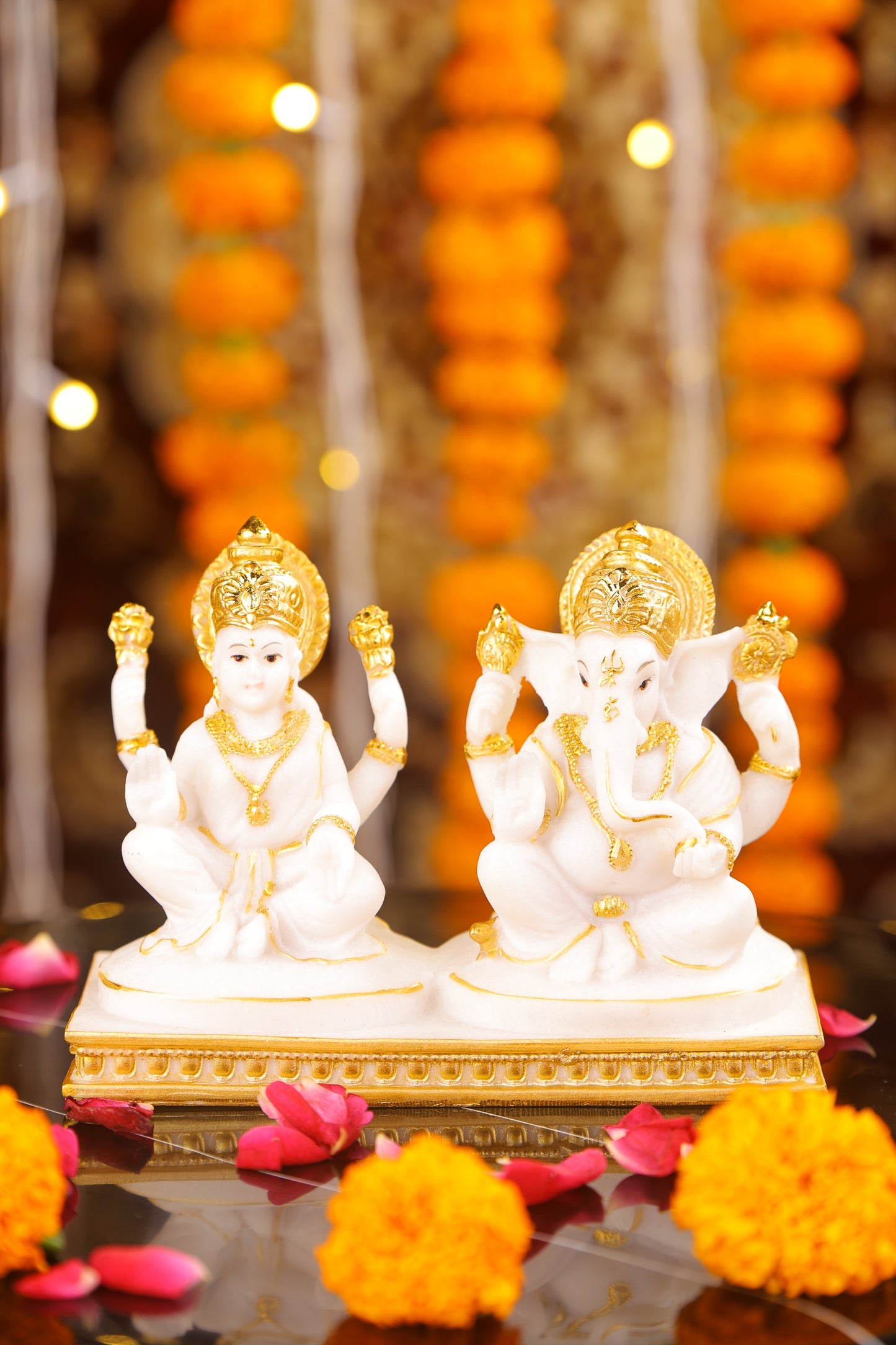 5" Laxmi Ganesha sitting Marble statue with Gold pedestal | Ideal for temple or showpiece